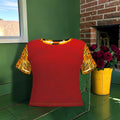 Rebel Heat cotton baby tee front with red body and golden tiger-print short sleeves