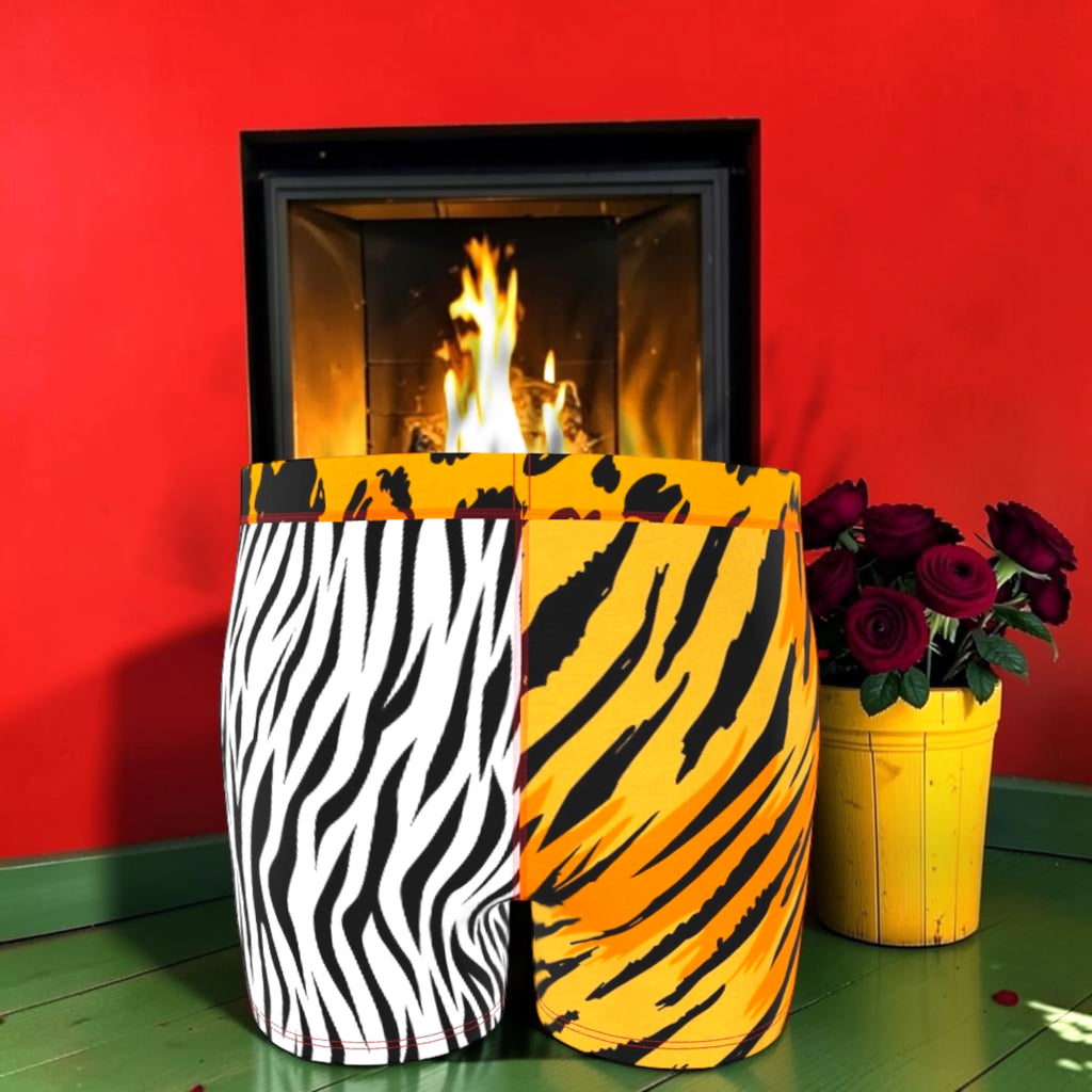 Back of The Primal Contrast Jersey Brief Shorts with contrasting black-and-white zebra and golden tiger-stripe panels.