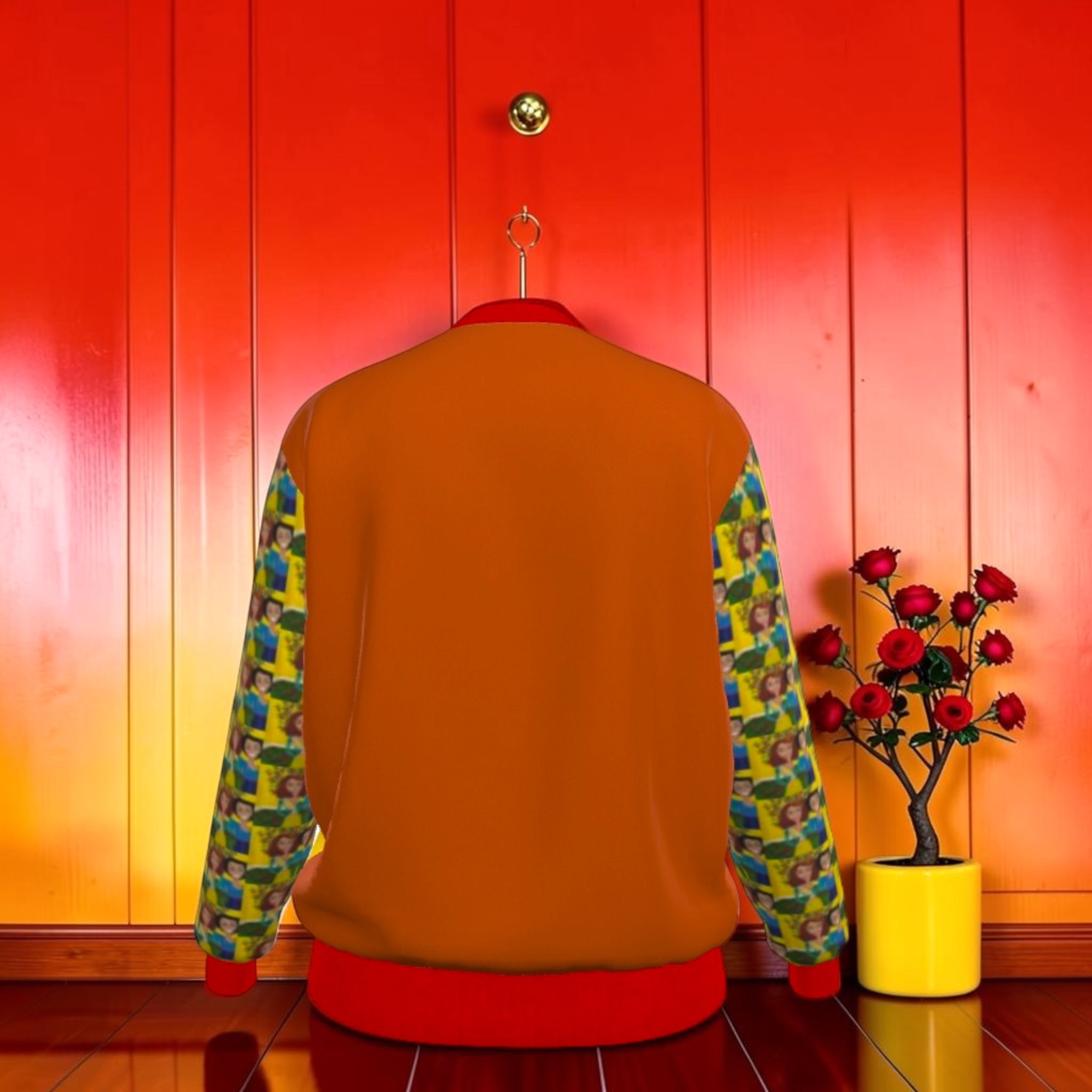 Vol II — The Eden Story Denim Jacket, back view, solid burnt orange caramel body, Eden print sleeves, red ribbed hem, gold hanger, GEA