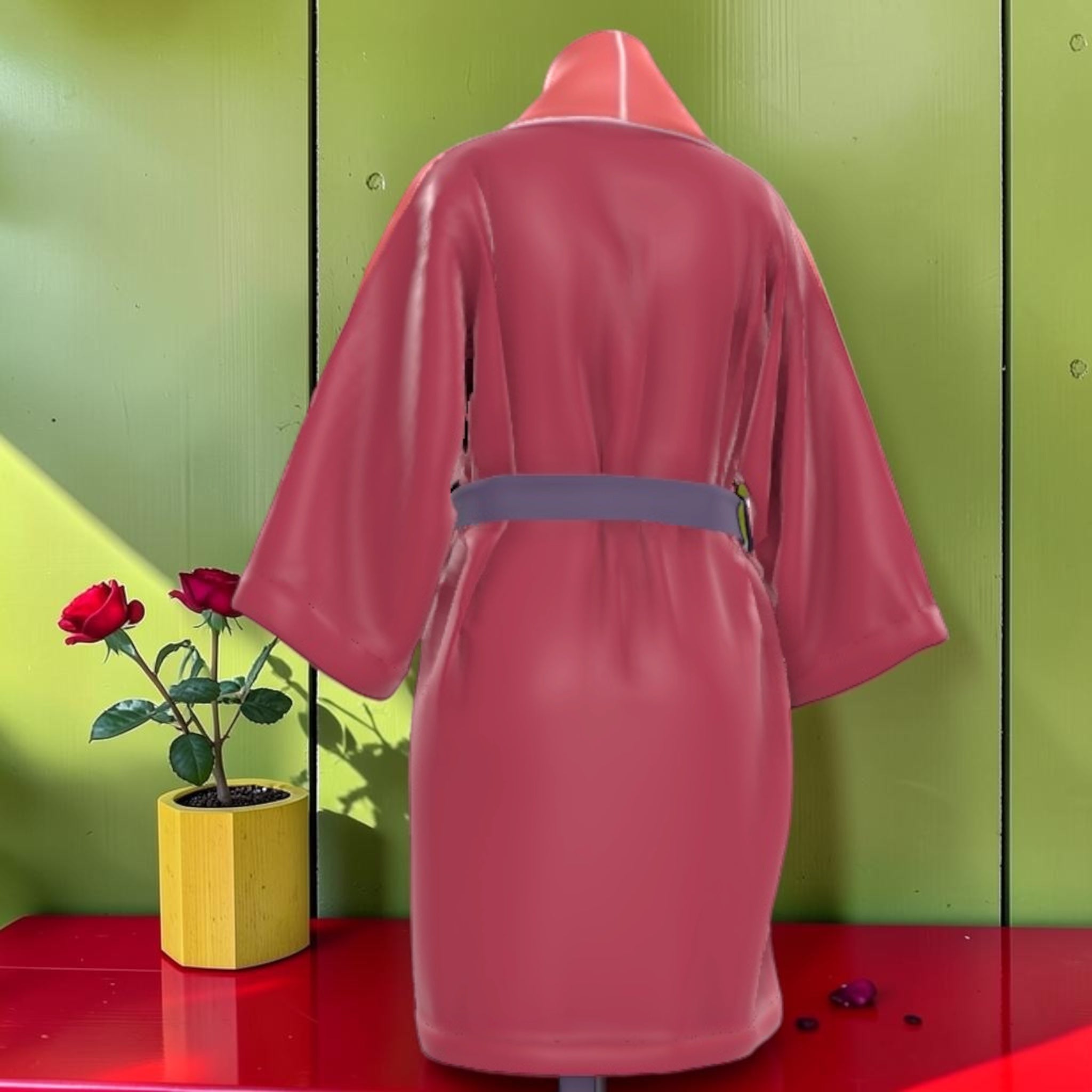 The Rose Petal Robe — back view showing full coral silk drape and belted silhouette