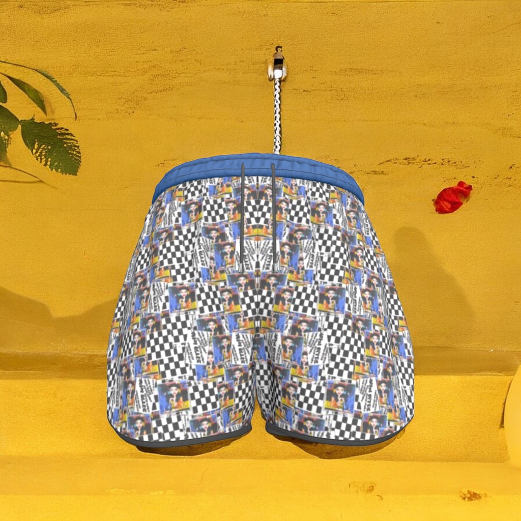 Front view of The Gallery Code Short featuring a Checkmate and Doll Wall collage print with a cerulean blue drawstring waistband
