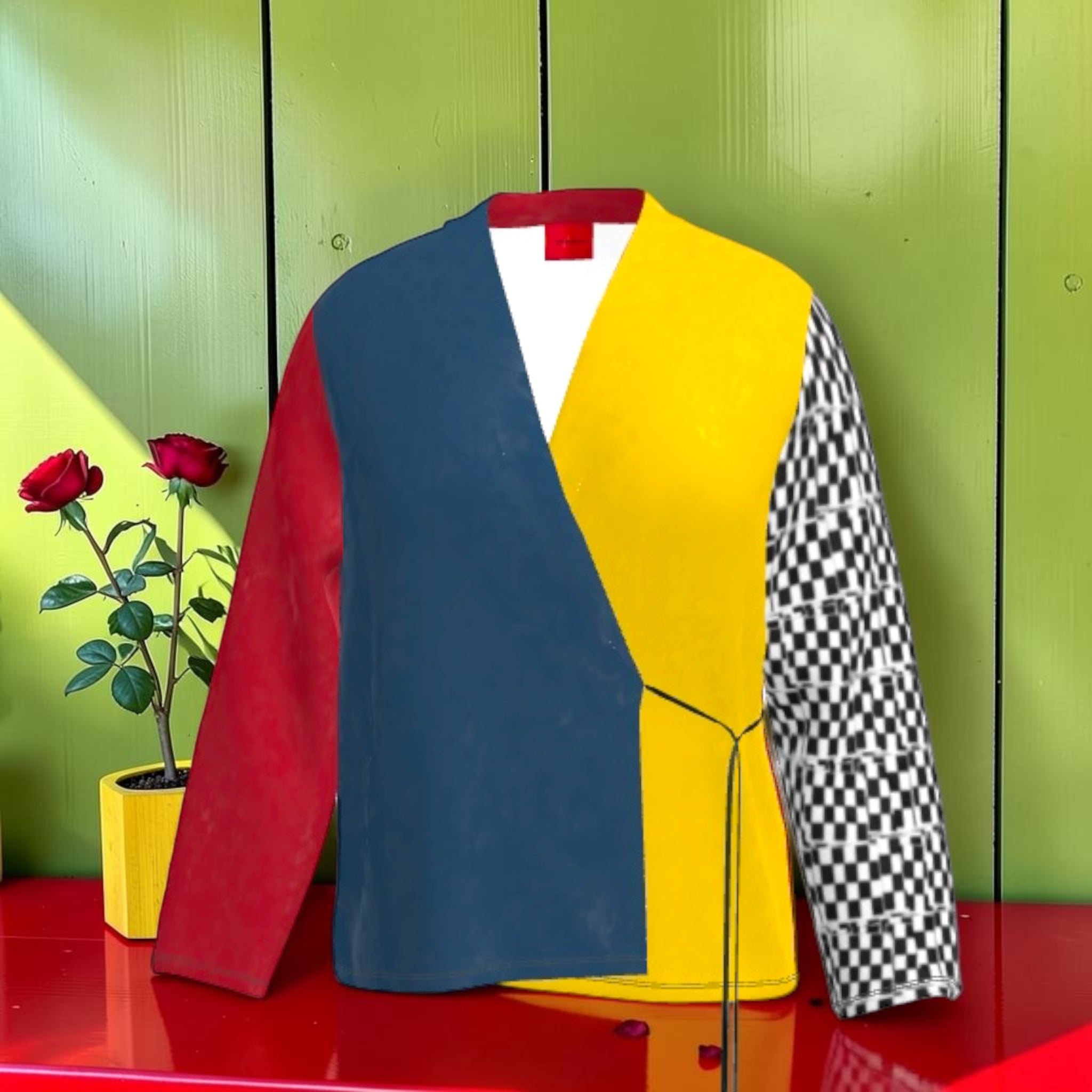 Vol I — The Sovereign velvet blazer wrap front view: slate blue diagonal panel, golden yellow body, scarlet red sleeve, Checkmate DNA black and white checkered sleeve, red collar flash