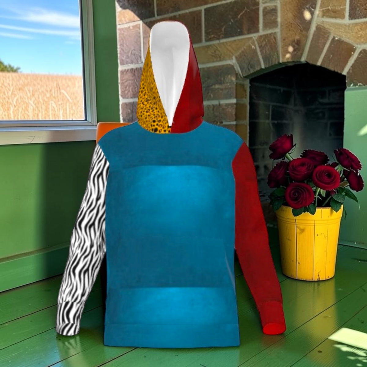 Front of The Wild Switch Hoodie with cerulean blue body, zebra-print sleeve, red sleeve and split hood
