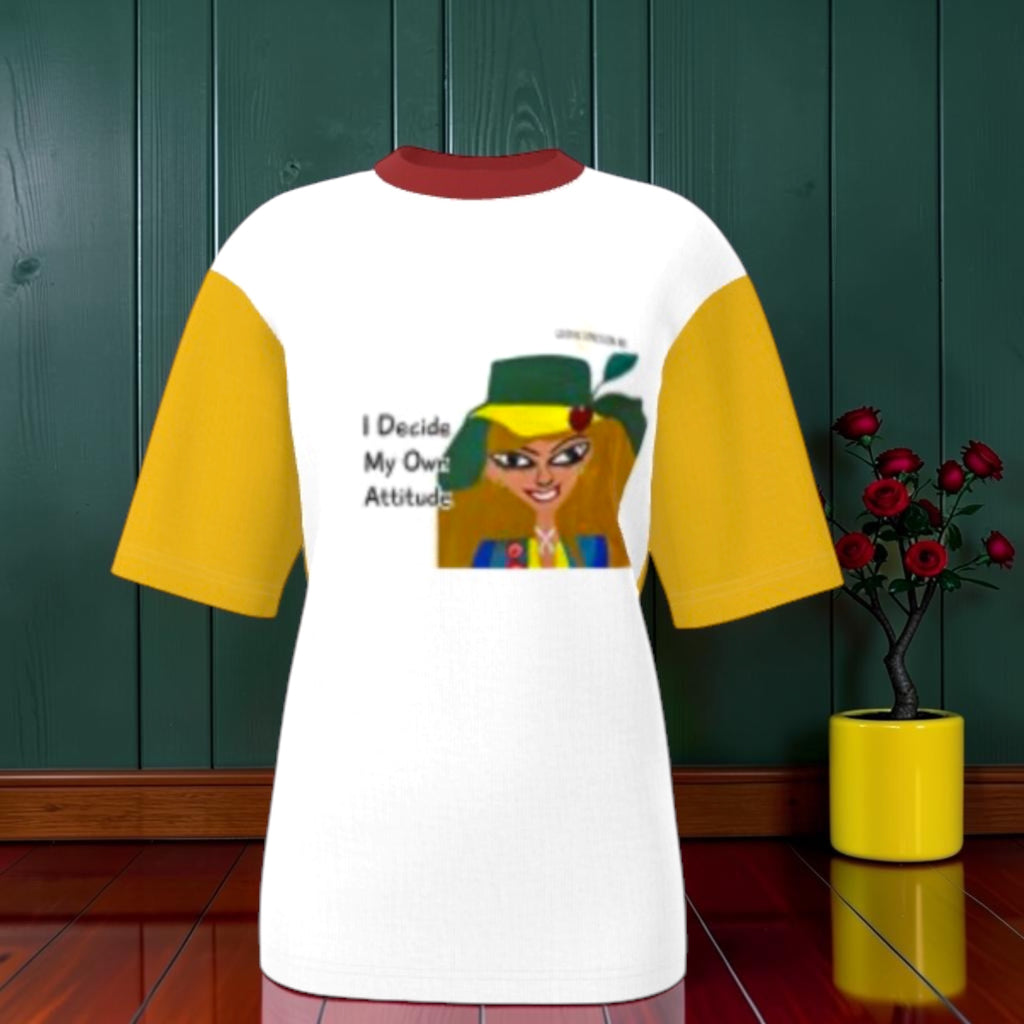 Vol II — The Eden Venture Tee, front view, white color-block body with golden yellow sleeves, burgundy collar, Doll Wall lady graphic with I Decide My Own Attitude text, GEA branding — Golden Expression Art