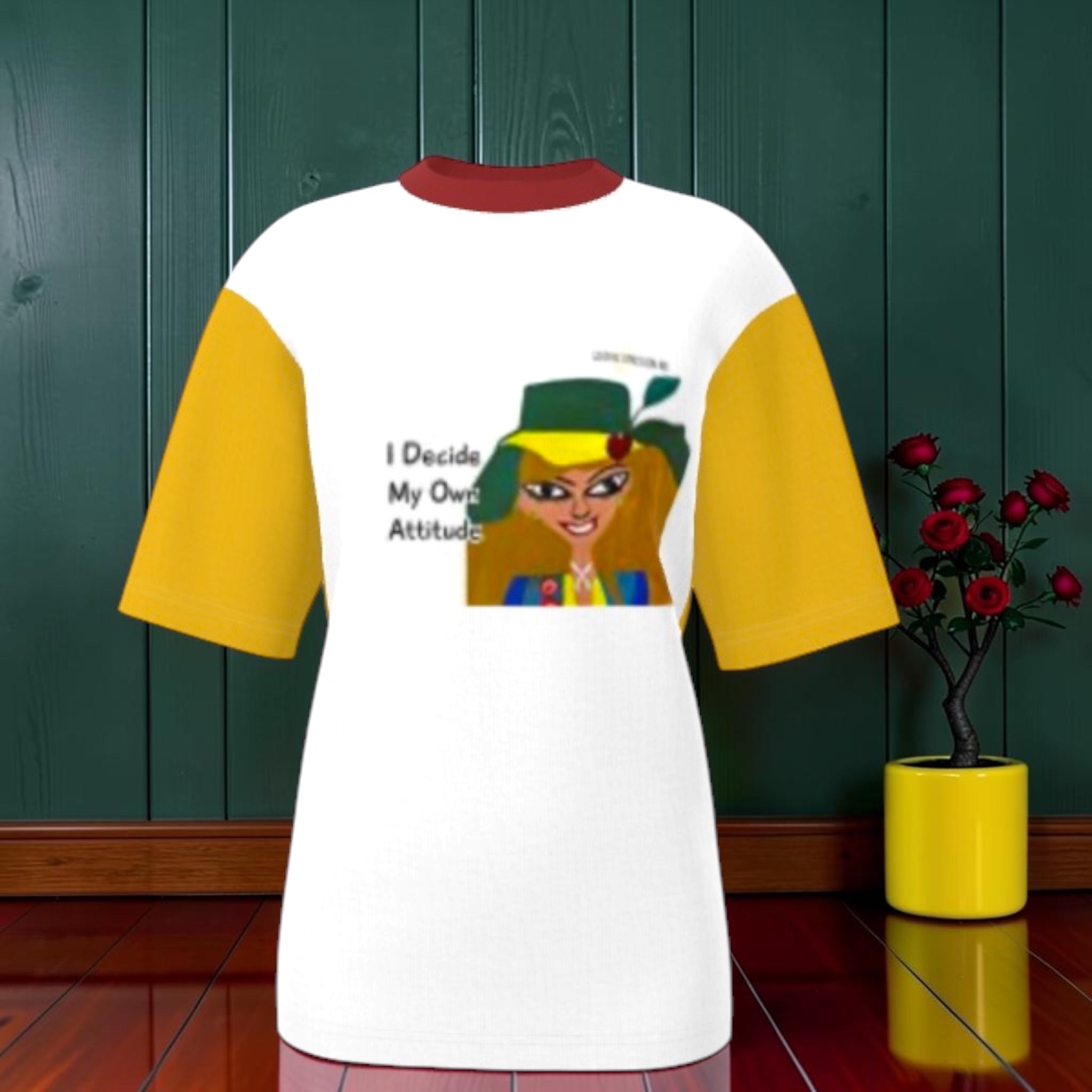 Vol II — The Eden Venture Tee, front view, white color-block body with golden yellow sleeves, burgundy collar, Doll Wall lady graphic with I Decide My Own Attitude text, GEA branding — Golden Expression Art