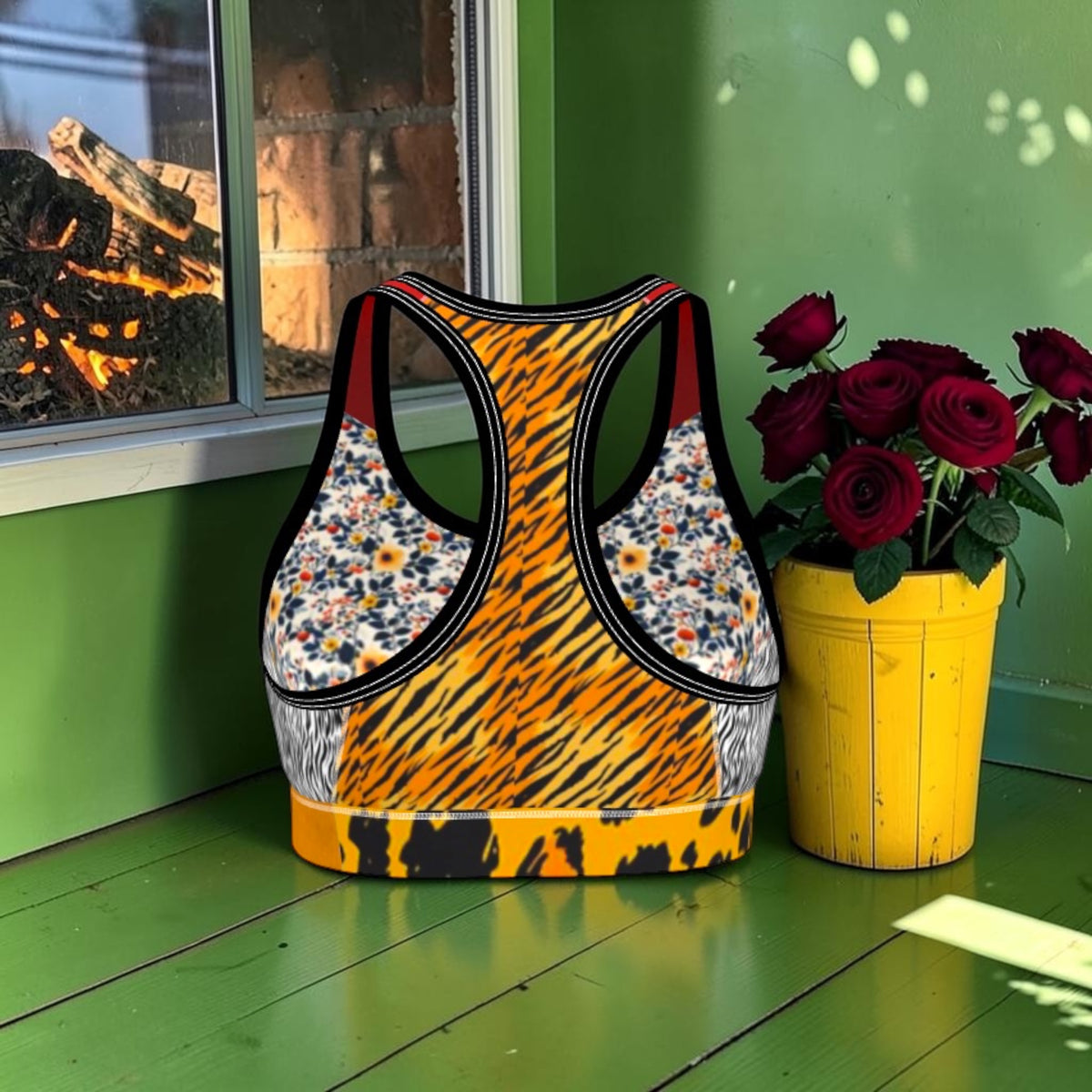 Riot Bloom Racerback Bra back with tiger-stripe racerback, floral cups and zebra side panels