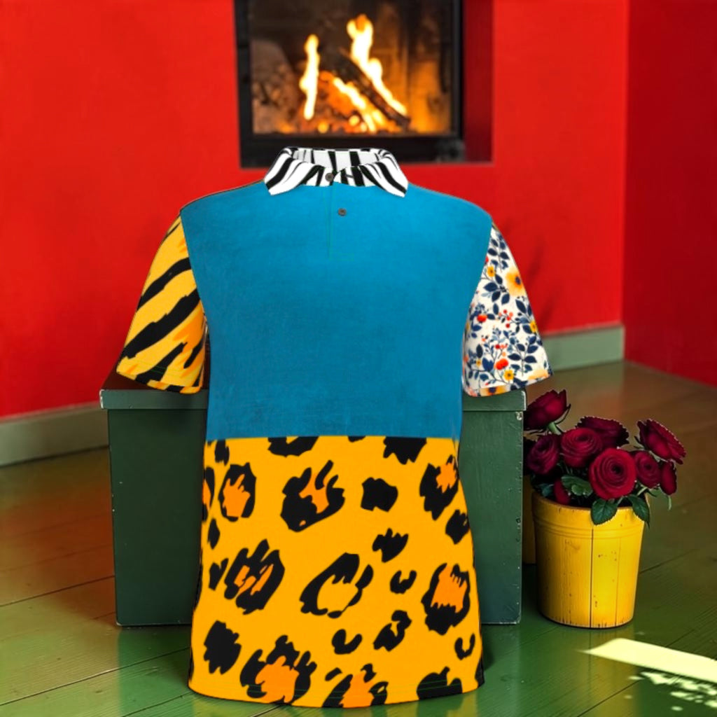 Front of The Primal Contrast Polo Shirt with blue and golden leopard panels, tiger and floral sleeves, and zebra collar.
