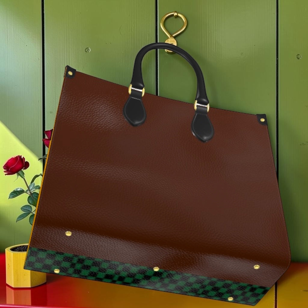 Vol I The Rule Carrier Large Tote — back detail, brown leather with green and black checkered trim at base
