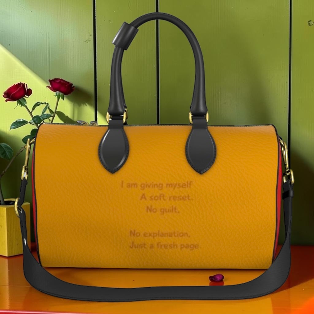 The Soft Reset Duffle — reverse view, golden yellow Nappa leather with embossed affirmation ‘I am giving myself a soft reset. No guilt. No explanation. Just a fresh page.’ and adjustable shoulder strap