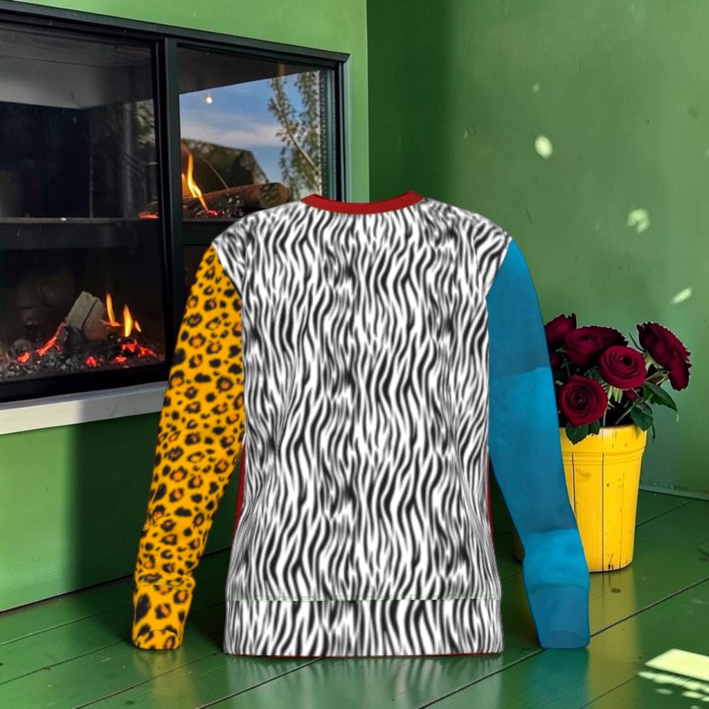 The Wild Contrast Sweatshirt zebra-print side with red neckline, golden leopard-print sleeve and blue sleeve.