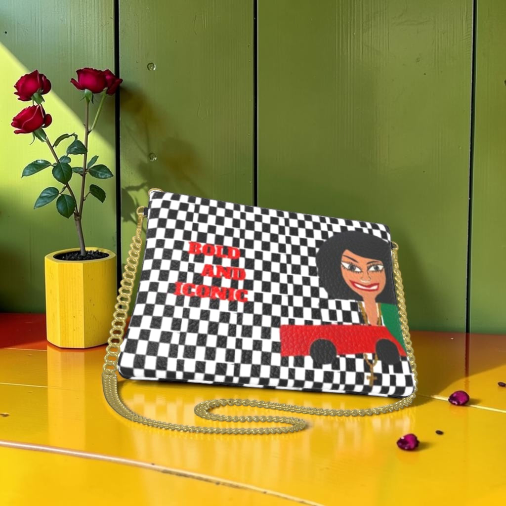 Iconic Signature Clutch Bag - front view, black and white checkered print with ICONIC doll graphic and Bold And Iconic red text, gold chain strap