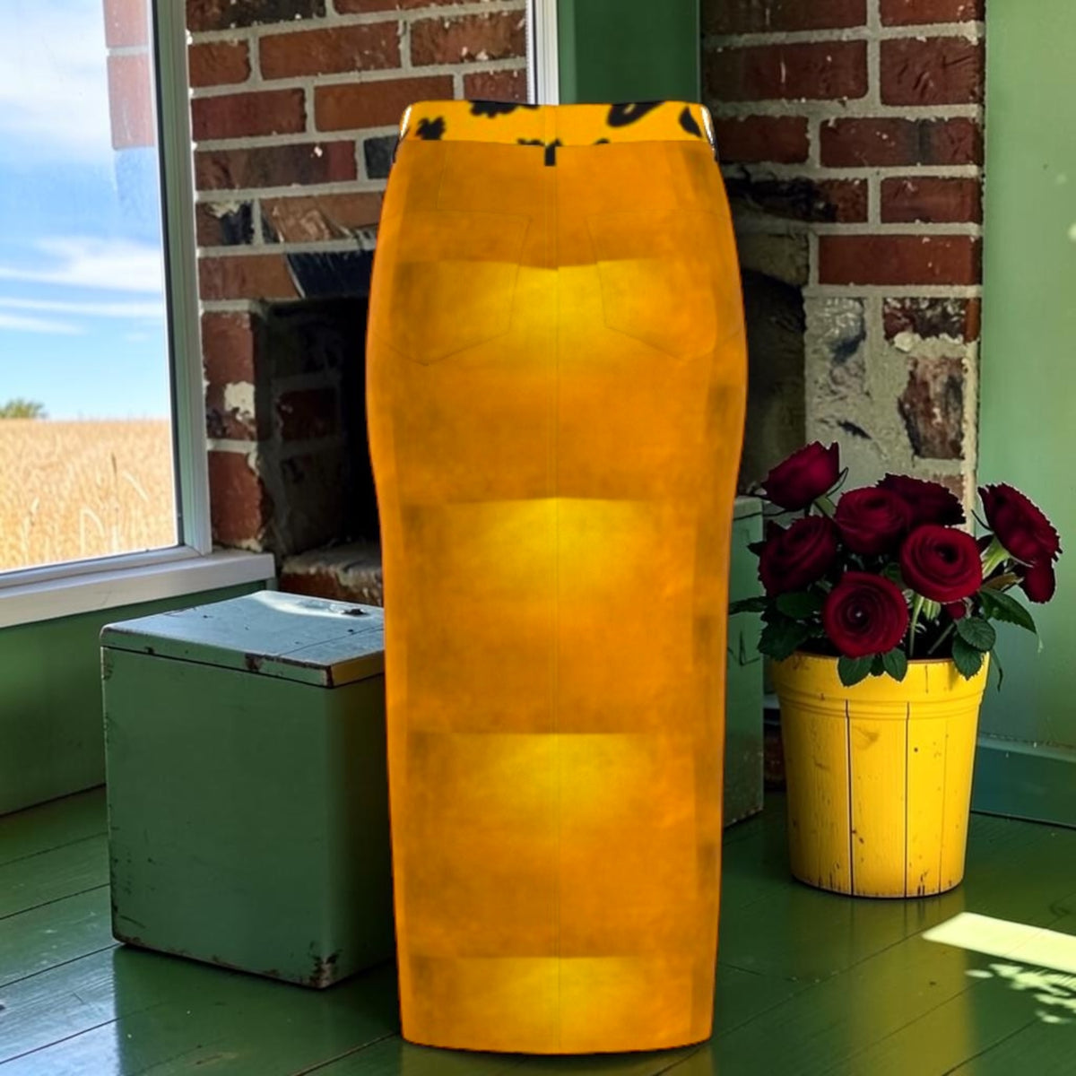 Opposite view of The Amber Glow Denim Maxi Skirt showing golden tonal blocking and leopard-print waistband.