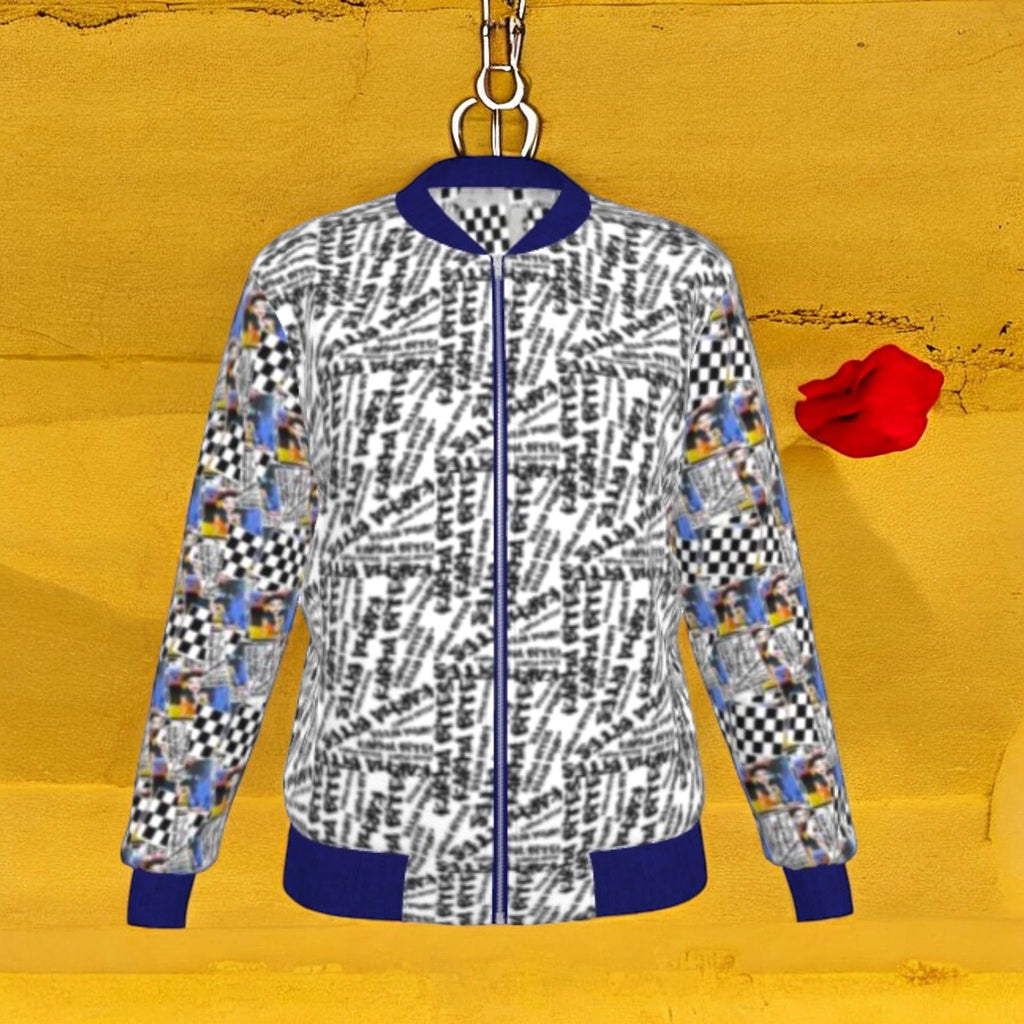 Vol III Flip the Script Jacket — Unbothered script print front, Doll Wall checkered sleeves, royal blue ribbed collar — Golden Expression Art