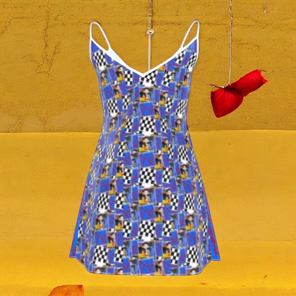 Vol III Karma Bites Silk Cami Dress — Checkmate DNA + Doll Wall colorway, blue black white checker print with Doll Wall figures, spaghetti straps, white V-neck trim — Golden Expression Art