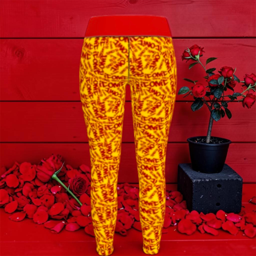 The ICONIC Flex Yoga Pant — back view, golden yellow ICONIC all-over print with scarlet red waistband, rose petal editorial backdrop