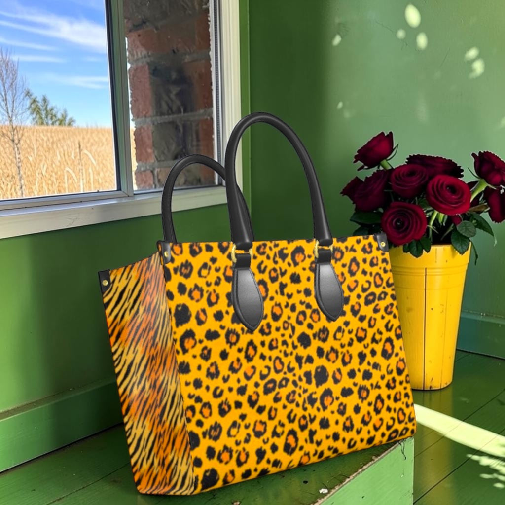 The Heat Signature Large Tote with golden leopard-print front, tiger-stripe side panel and black handles