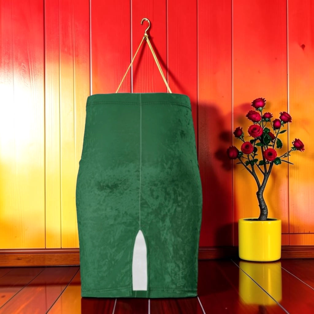 Vol II — The Eden Velvet Pencil Skirt, back view, forest green velvet, center back slit, midi length, GEA