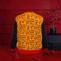 The Double Crown Bomber Jacket — back view: ICONIC all-over print in golden yellow with scarlet red lettering, black sleeves, red hem band