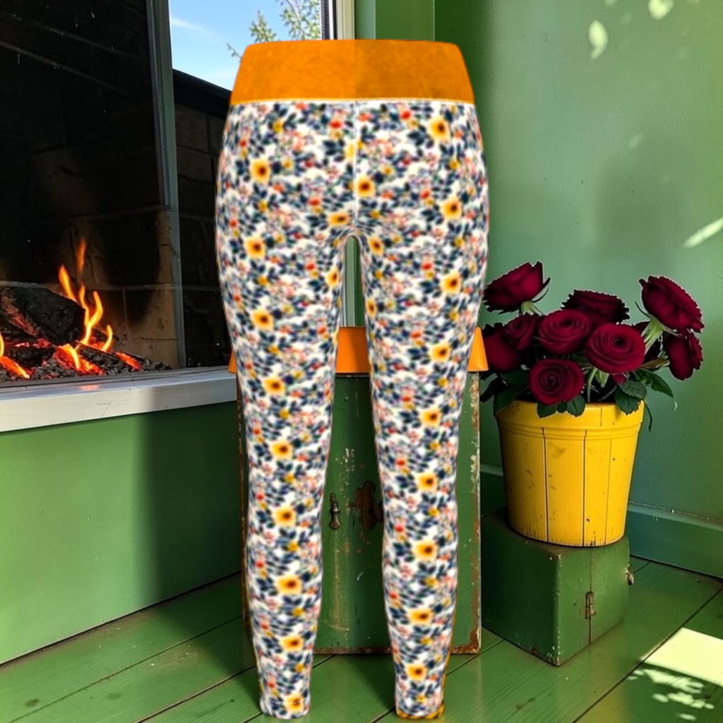 The Golden Bloom Split Legging back with all-over floral print and a golden-amber waistband