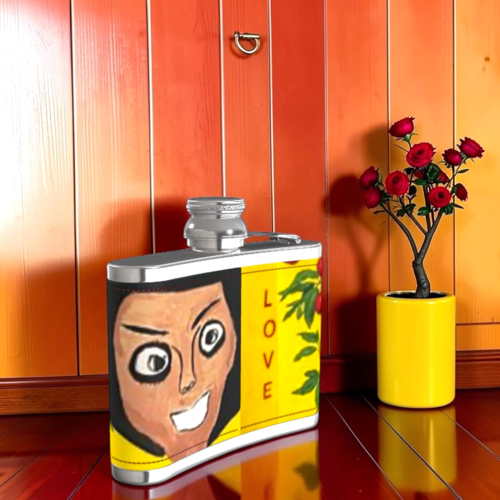 Vol II Eden Pour Set — leather-wrapped stainless steel flask, Doll Wall face and LOVE print, golden yellow panel