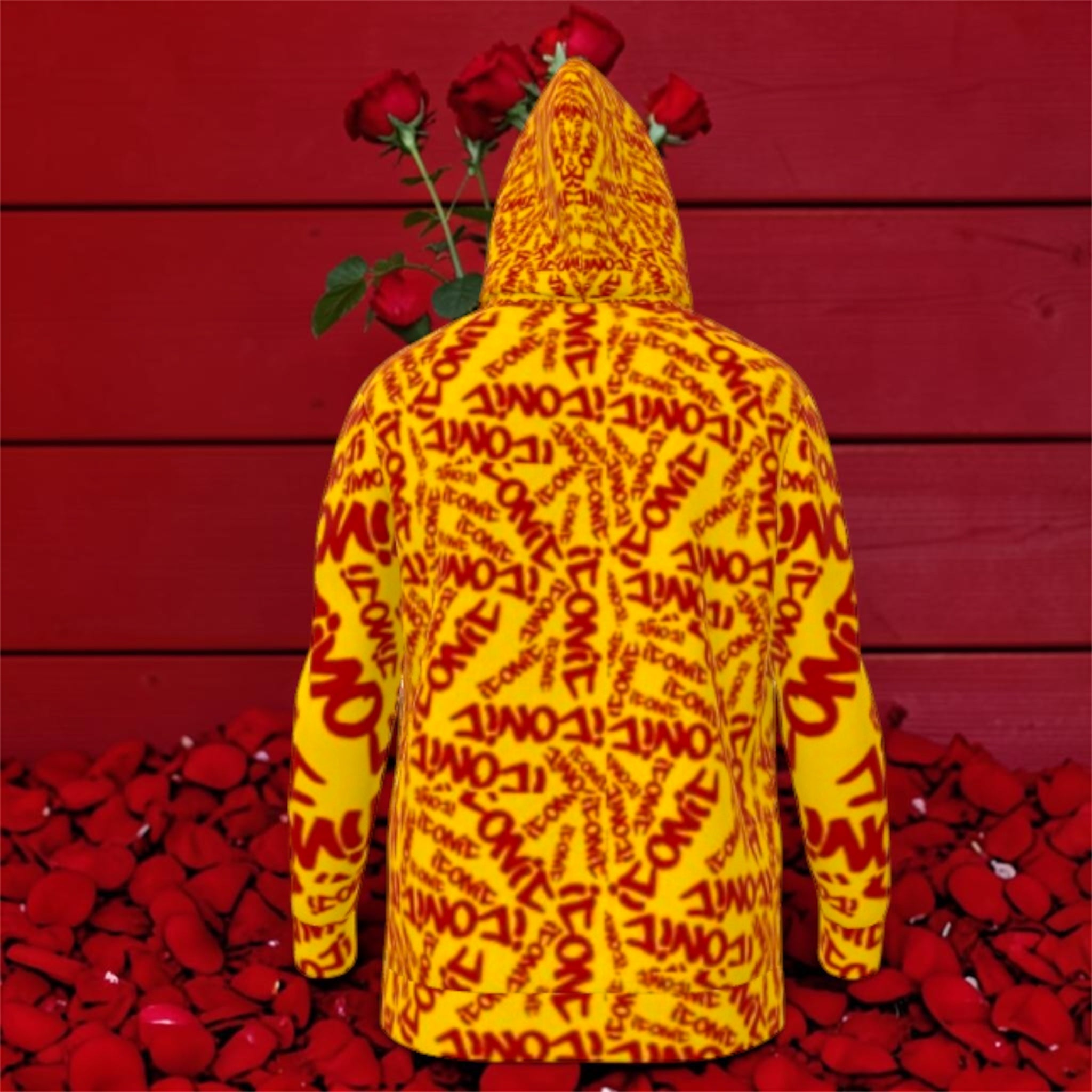The ICONIC Pullover — back view standing, rose petal backdrop