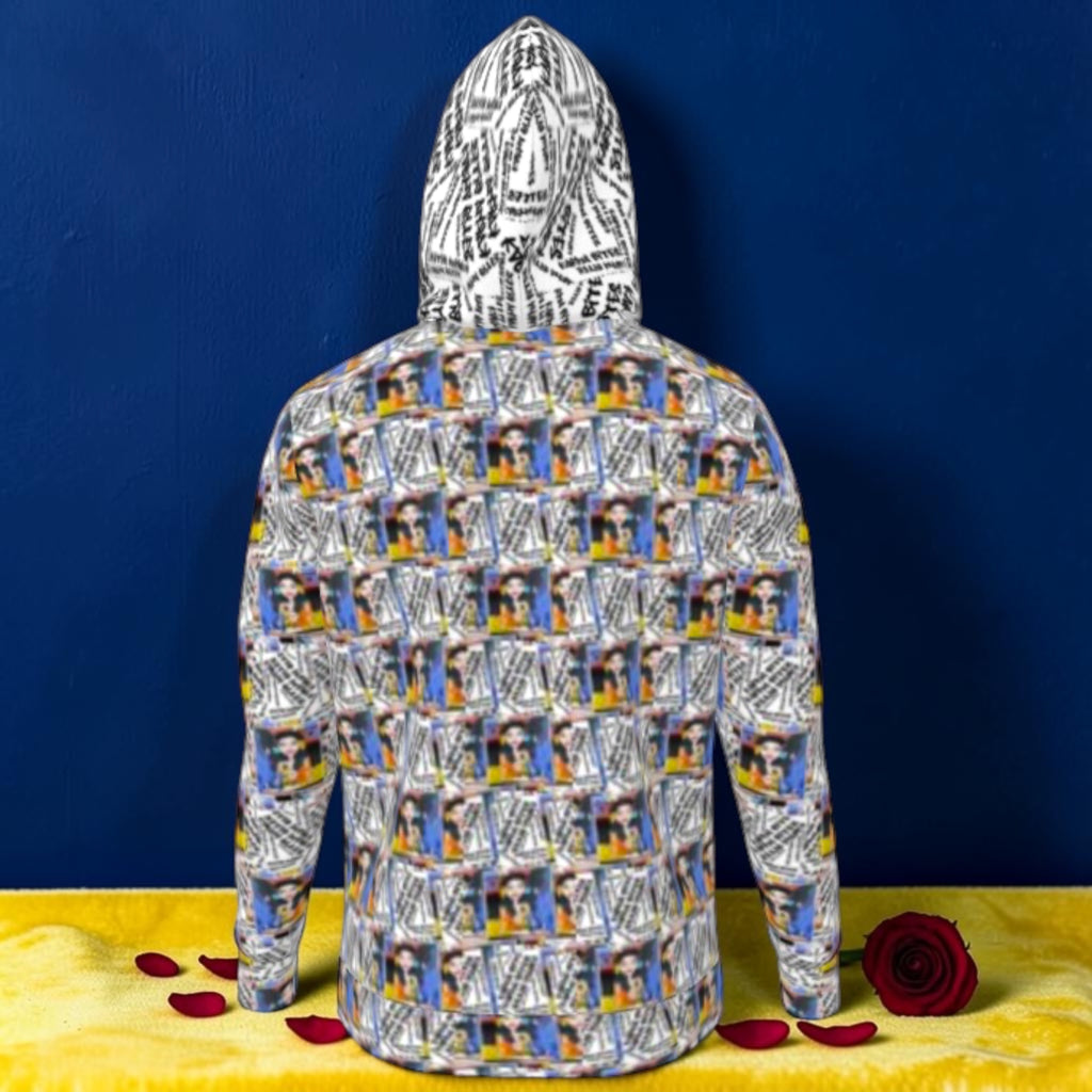 The Night Owl Hoodie back view — full all-over Doll Wall print with UNBOTHERED text hood — Golden Expression Art Vol III