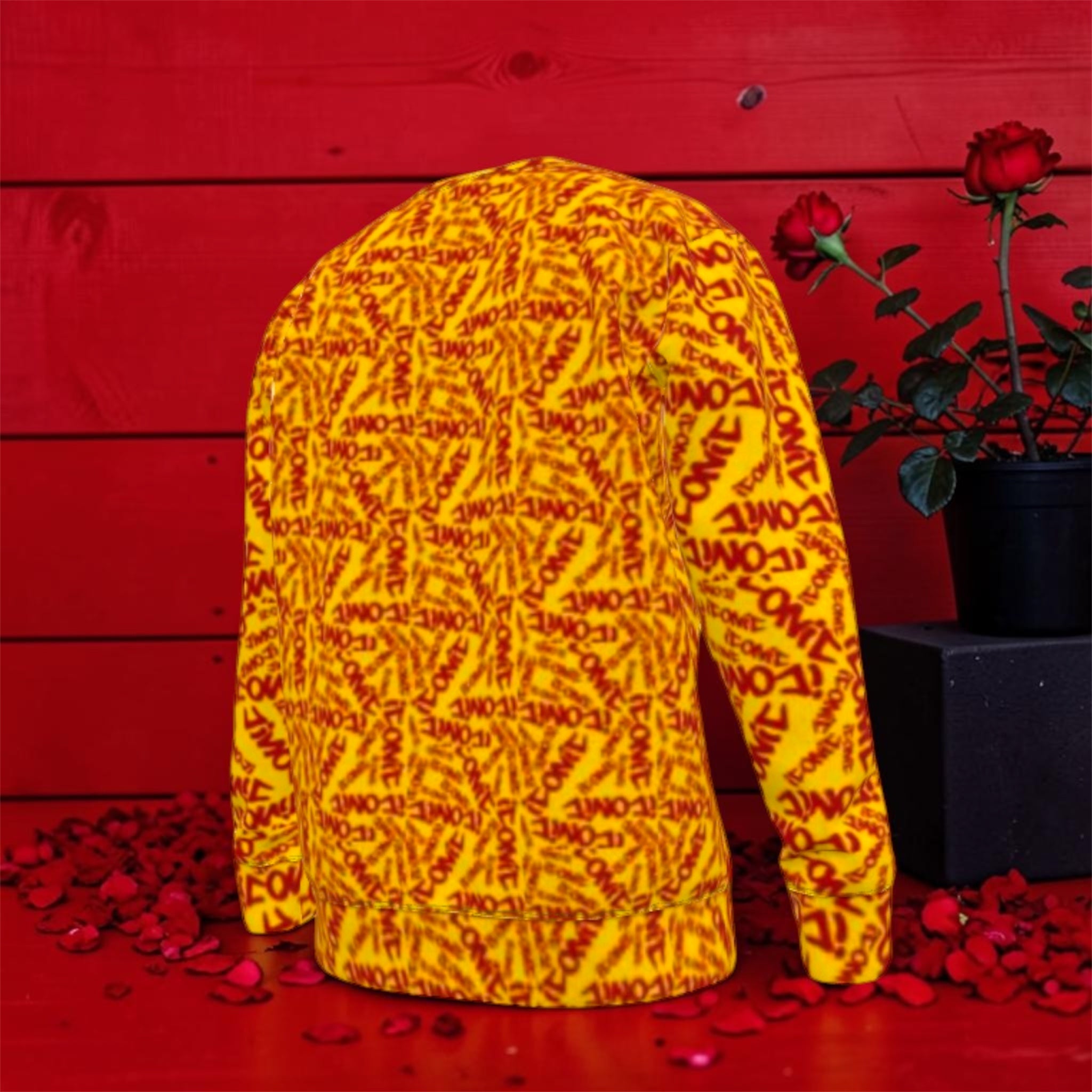 The ICONIC Wall Pullover Sweatshirt — back view, full ICONIC all-over print on golden yellow