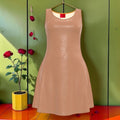 Vol I — The Velour Statement Dress — Front view: blush dusty rose crushed velour skater dress with gold inner collar and red label detail