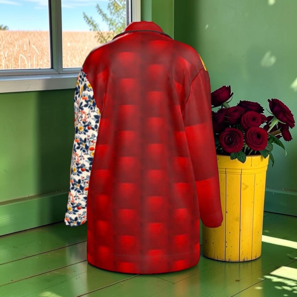 The Golden Bloom Silk Shirt back with red tonal-block panels, a red collar and contrasting floral and red sleeves