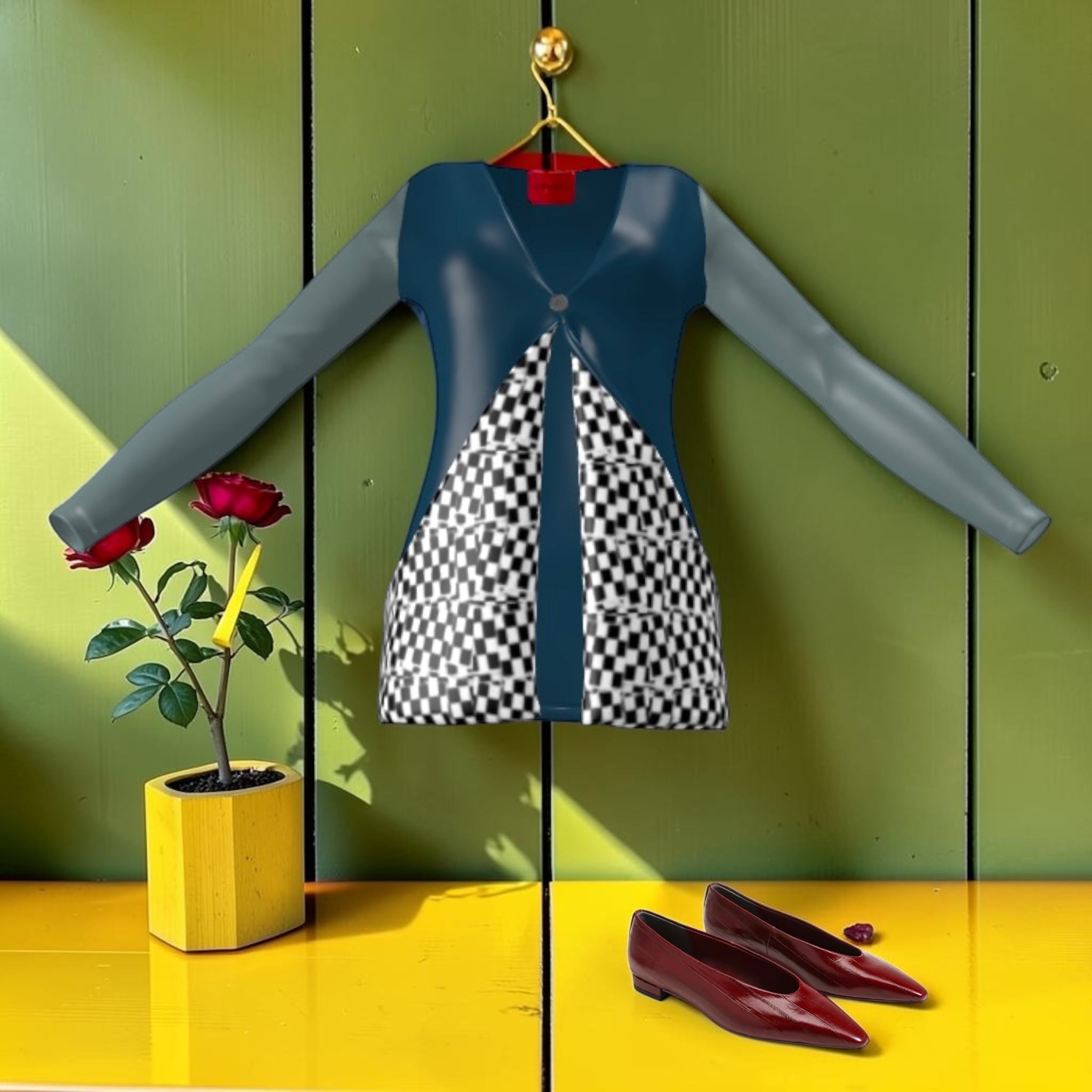 The Sovereign Top — teal silky jersey with black and white checkered front panel and red collar accent, front view
