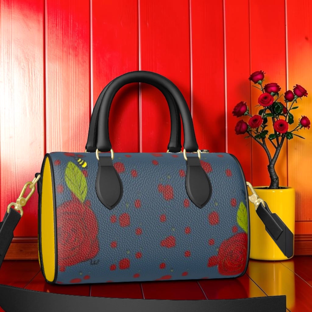 Vol II — The Harmony Barrel Duffel | Back — Scarlet rose garden print on slate leather with golden bee detail | Golden Expression Art