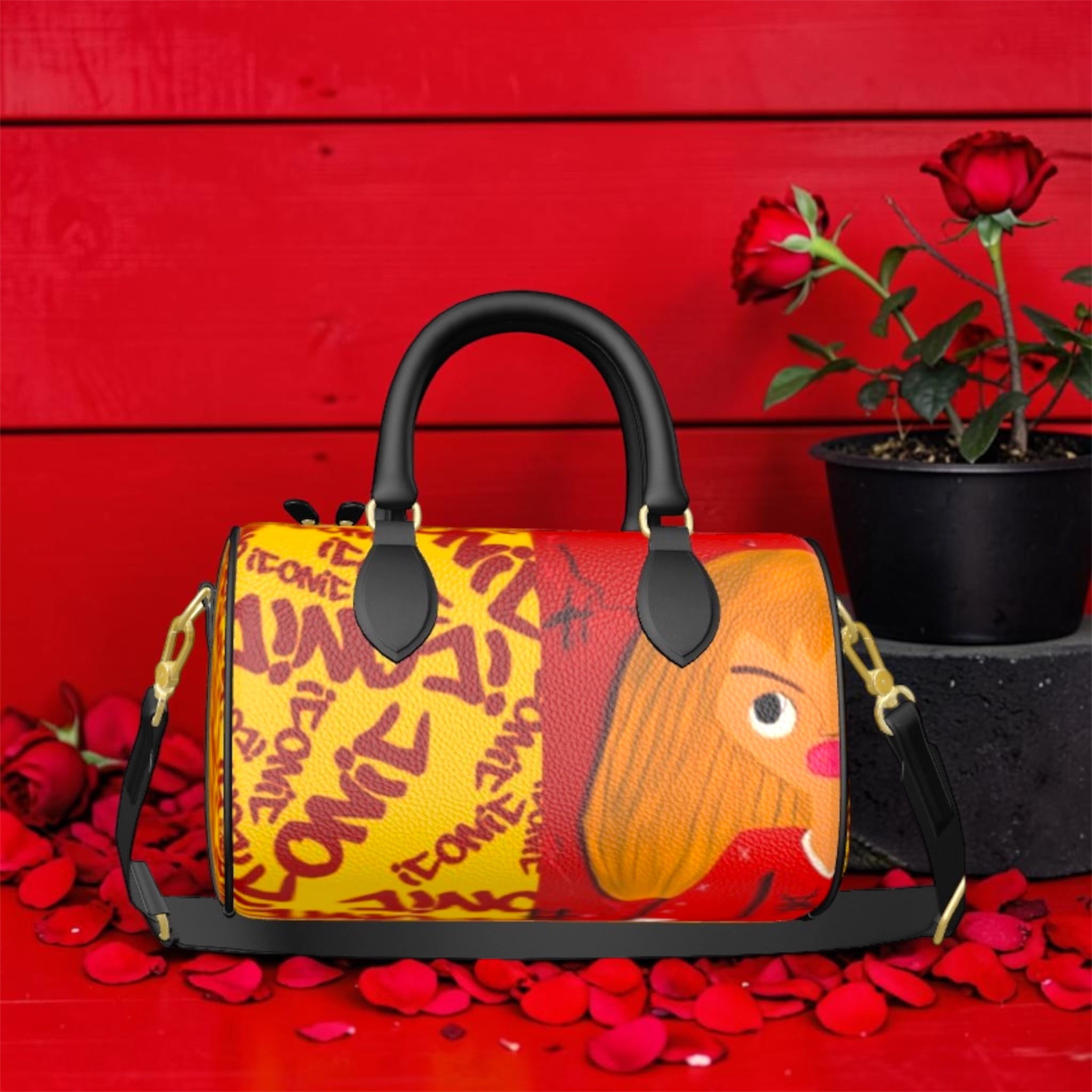 The ICONIC Venture Mini Duffel — ICONIC all-over print on golden yellow with Doll Wall scarlet red panel, black handles, gold hardware