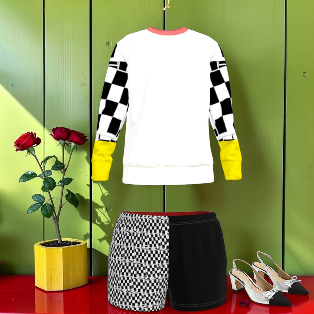 The Checkmate Flair Crewneck — front styling shot with checkered skirt and heels
