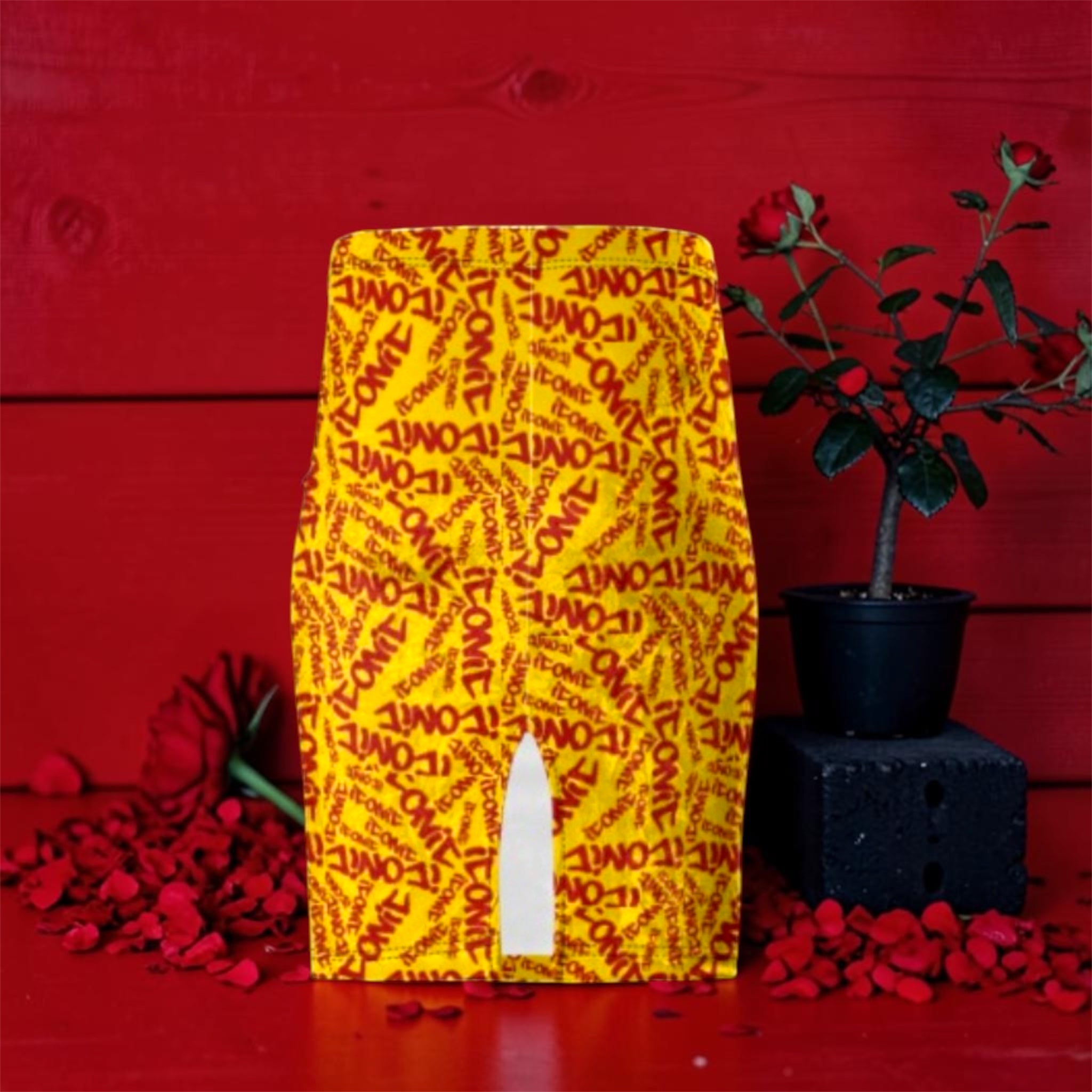 The ICONIC Velvet Pencil Skirt - front slit detail, all-over ICONIC print scarlet red on golden yellow velvet