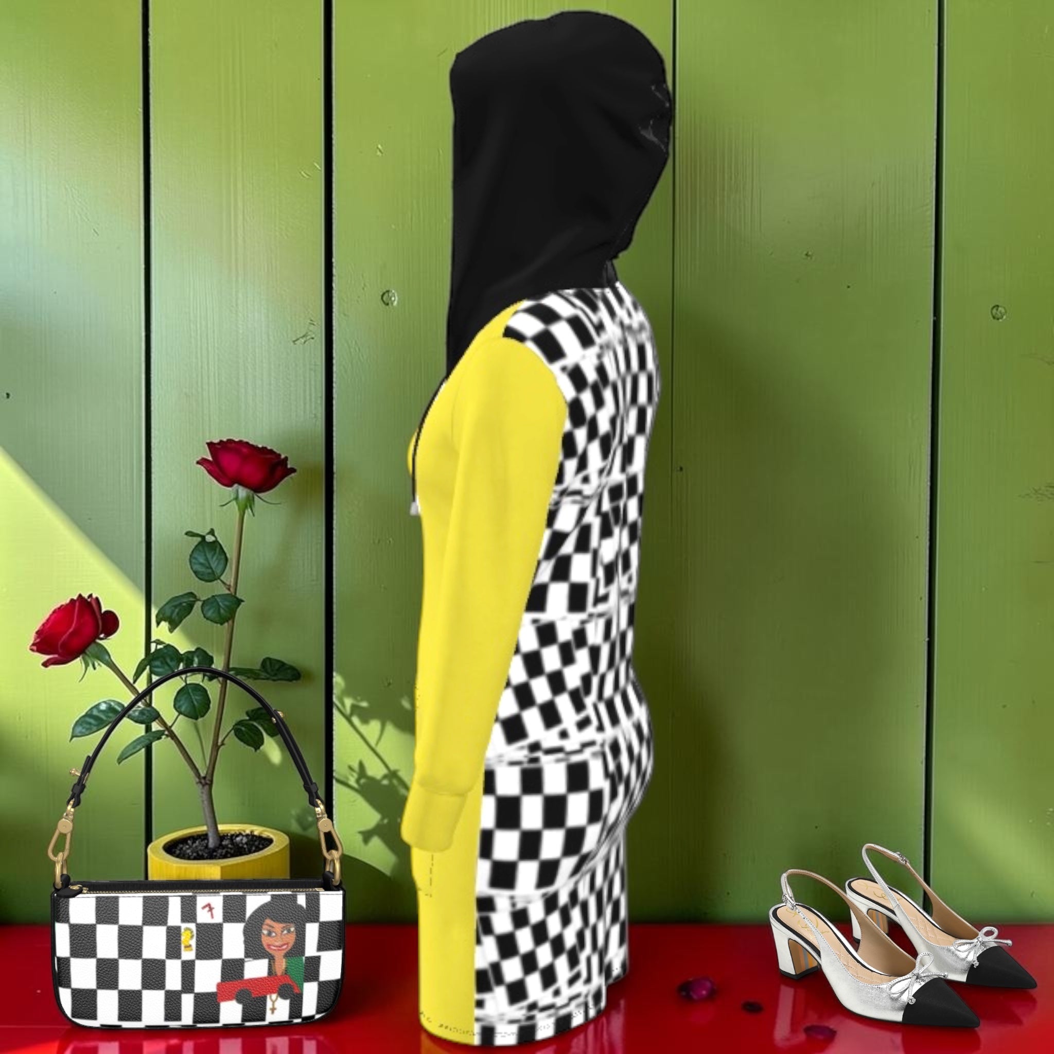 The Golden Checkmate Dress - Side View styled with The Iconic Grab & Go - Golden Expression Art
