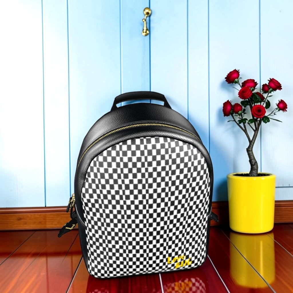 The Checkmate Carry Backpack — front angle view, structured silhouette with Checkmate DNA print and gold Love Big detail | Golden Expression Art Vol III