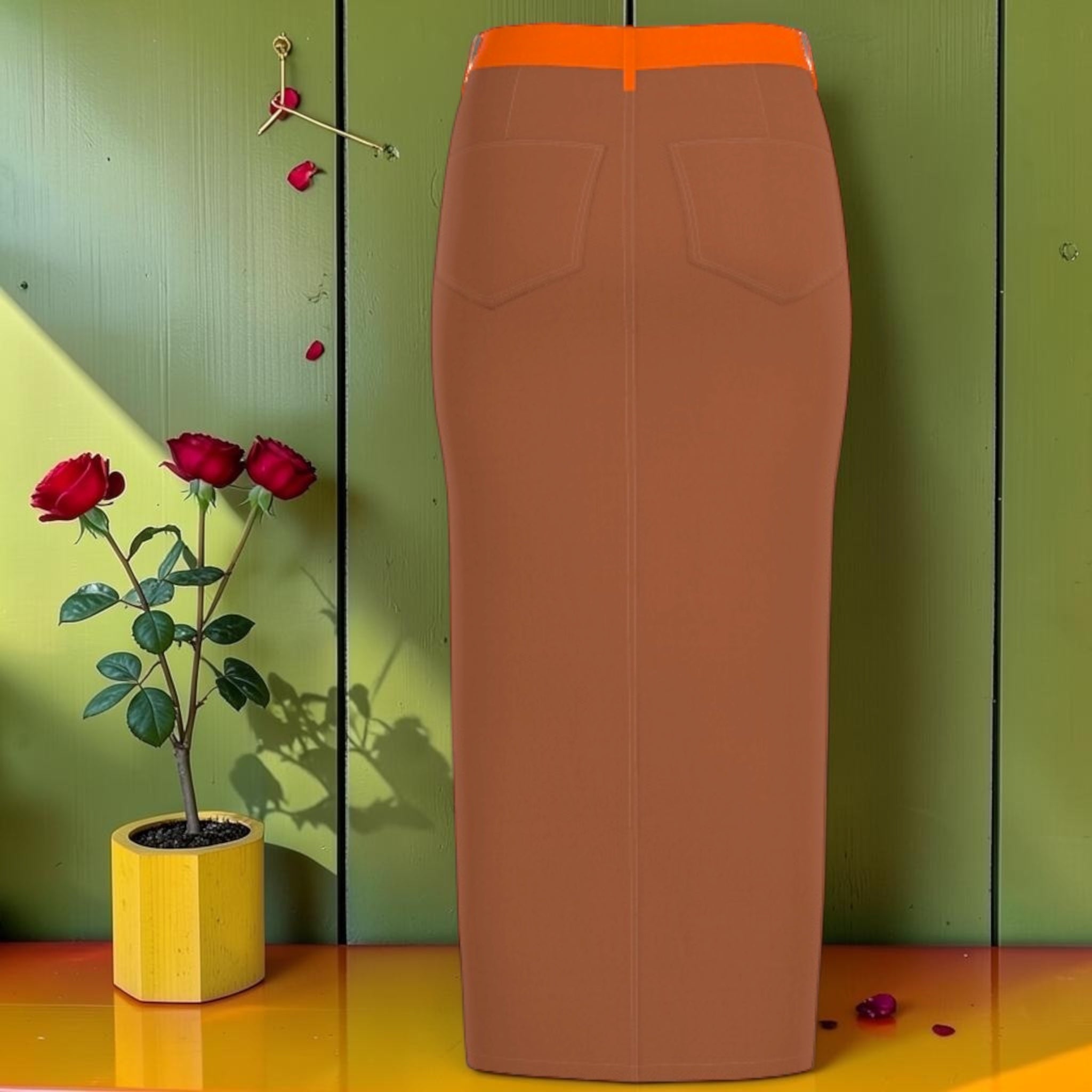 The Tangerine Rule Denim Skirt — back view, tan/brown reverse with contrast orange waistband detail, styled with red roses on green backdrop