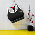 Vol III The Night Racer Sports Bra — front view with gold Love Bug script and white contrast trim
