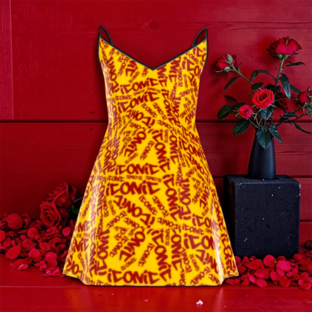 The ICONIC Slip — back view, 100% silk ICONIC print mini dress, flared silhouette, black straps, rose petal and red wall editorial backdrop