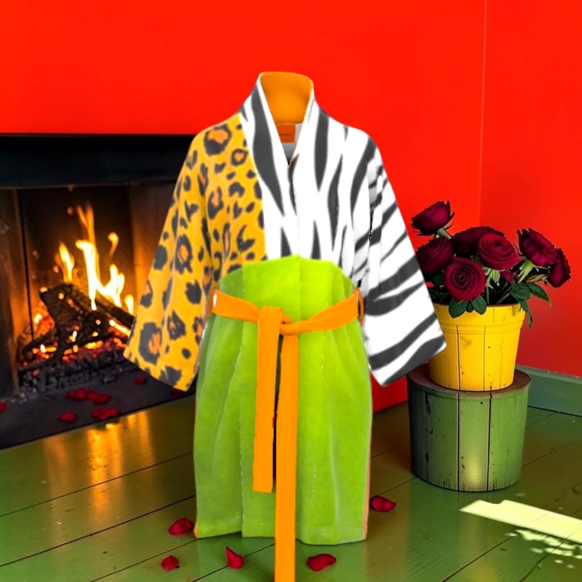 The Gilded Instinct Silk Robe front with leopard and zebra upper panels, lime-green lower panel and golden-yellow waist tie.