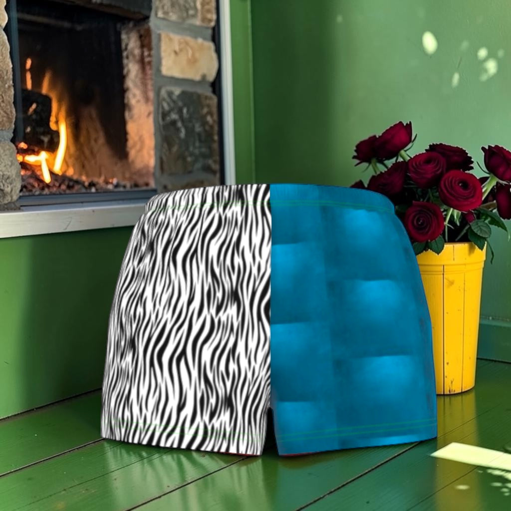 Front of The Rebel Split Shorts in cotton, split between black-and-white zebra print and cerulean blue