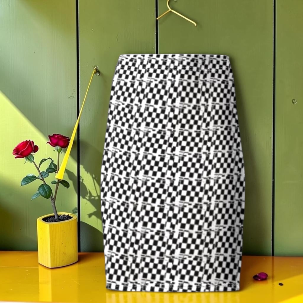 The High Roller Pencil Skirt — black and white checkered front, structured pencil silhouette