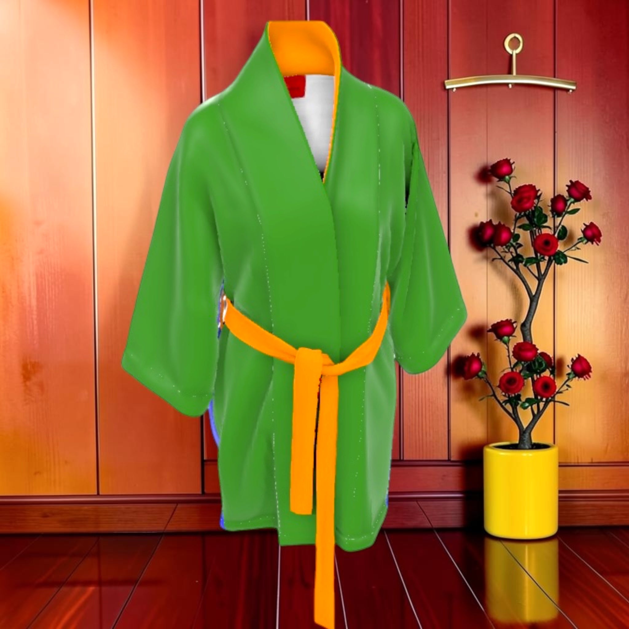 Vol II The Love Holds Beauty Silk Robe — front view, solid eden green body with orange shawl collar and self-tie belt, Eden Edit