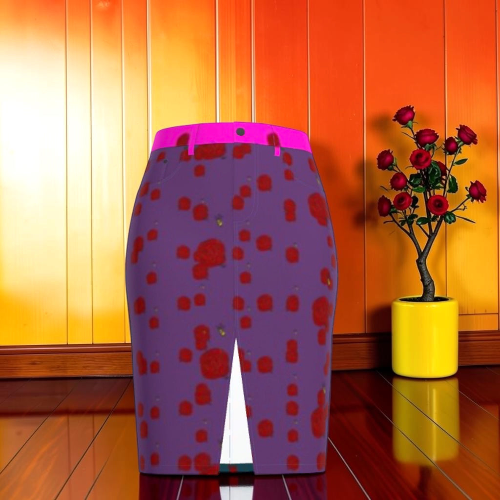 Vol II — The Eden Edit Denim Midi Skirt, back view, purple body with red abstract spot print, magenta waistband, center back slit, GEA