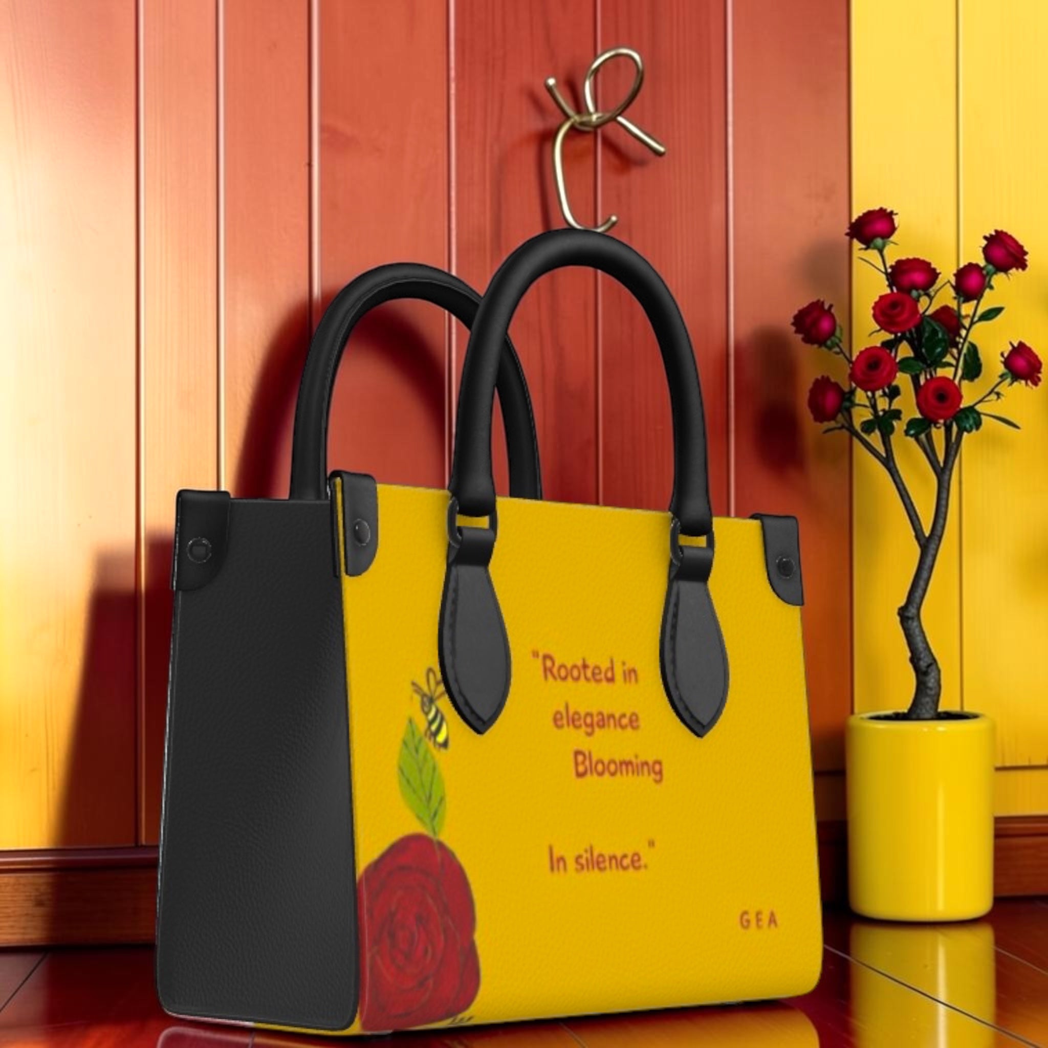 Eden Garden Mini Satchel Tote — golden yellow body with Rooted in elegance Blooming in silence quote, bee and rose detail, GEA signature