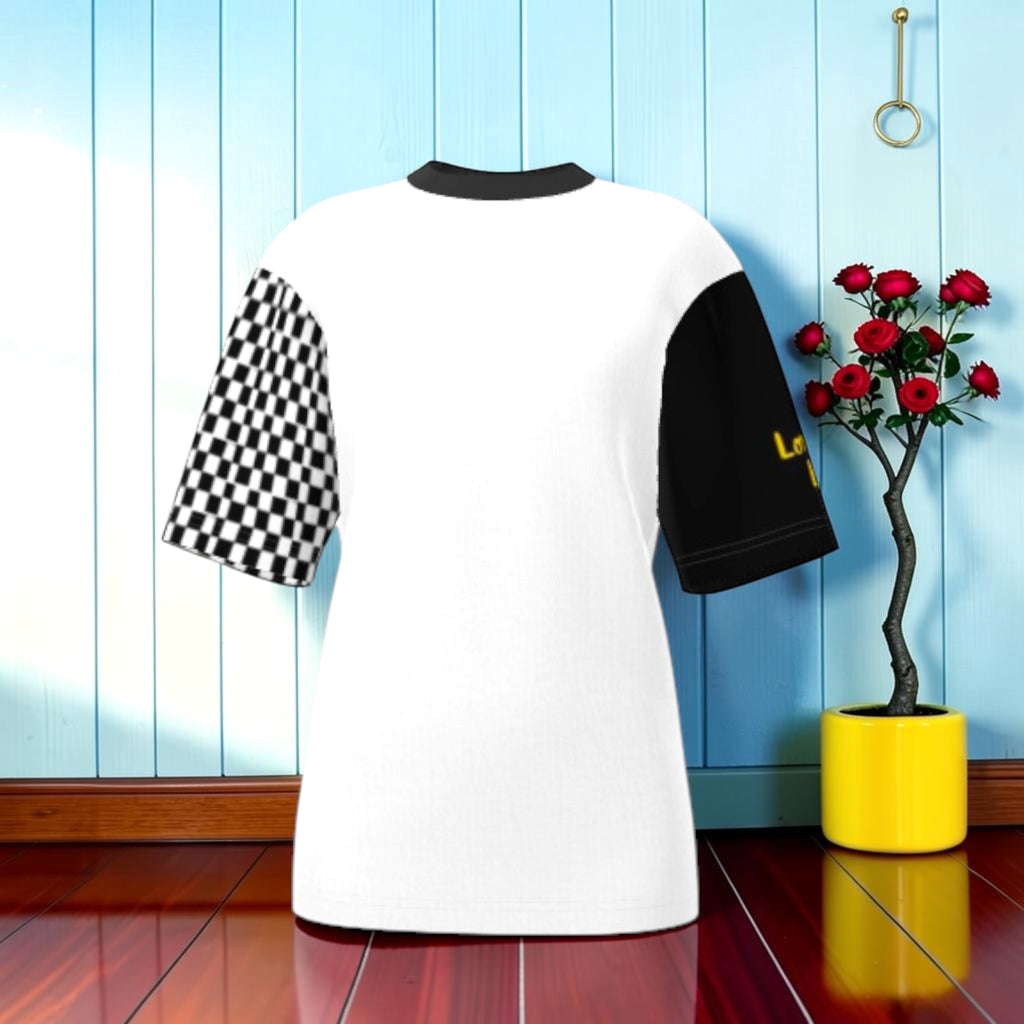 The Shadow Tee — Front view, white body with Checkmate DNA sleeve and black contrast sleeve | Golden Expression Art Vol III