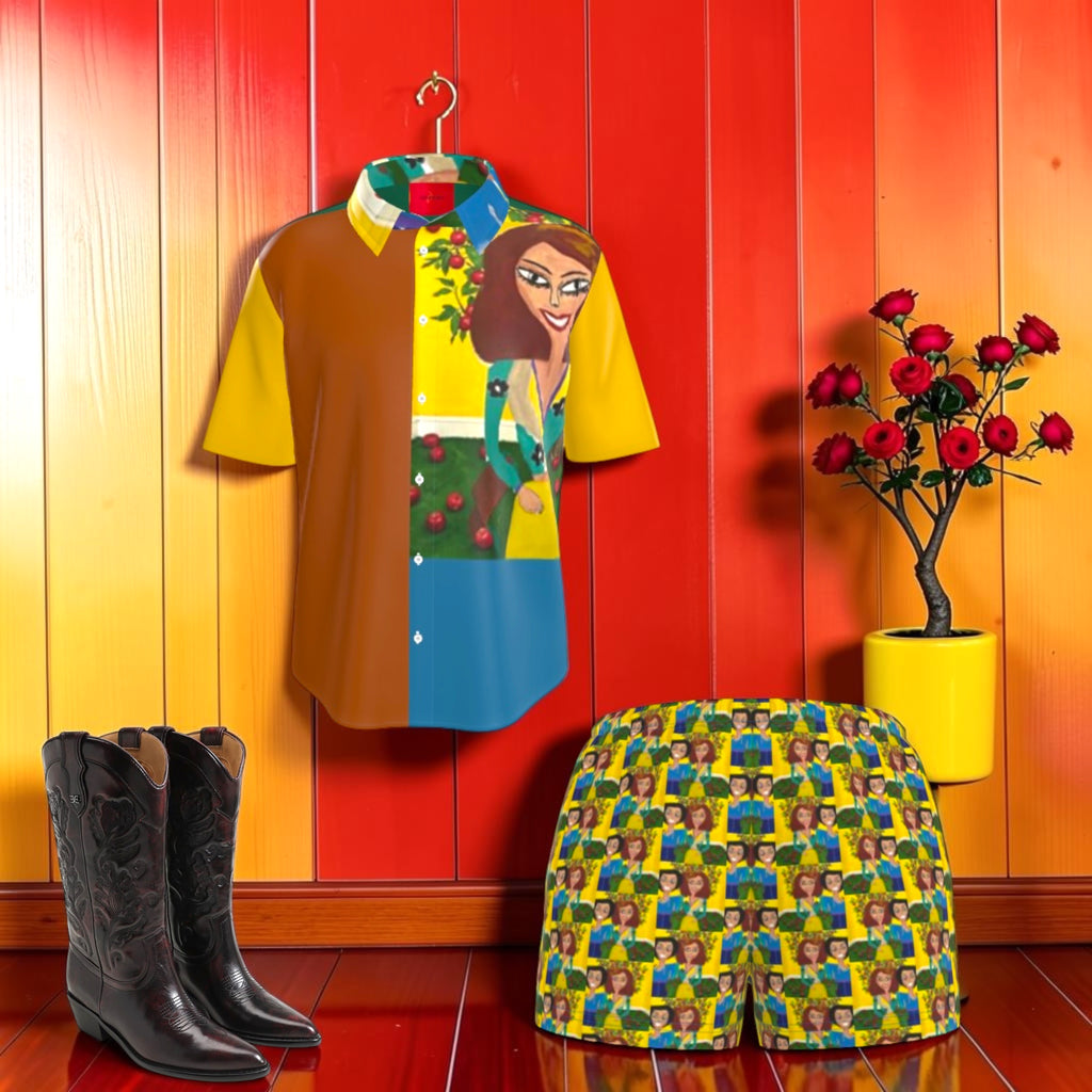 Vol II Eden Bloom Shirt styled — paired with Doll Wall print shorts and black cowboy boots