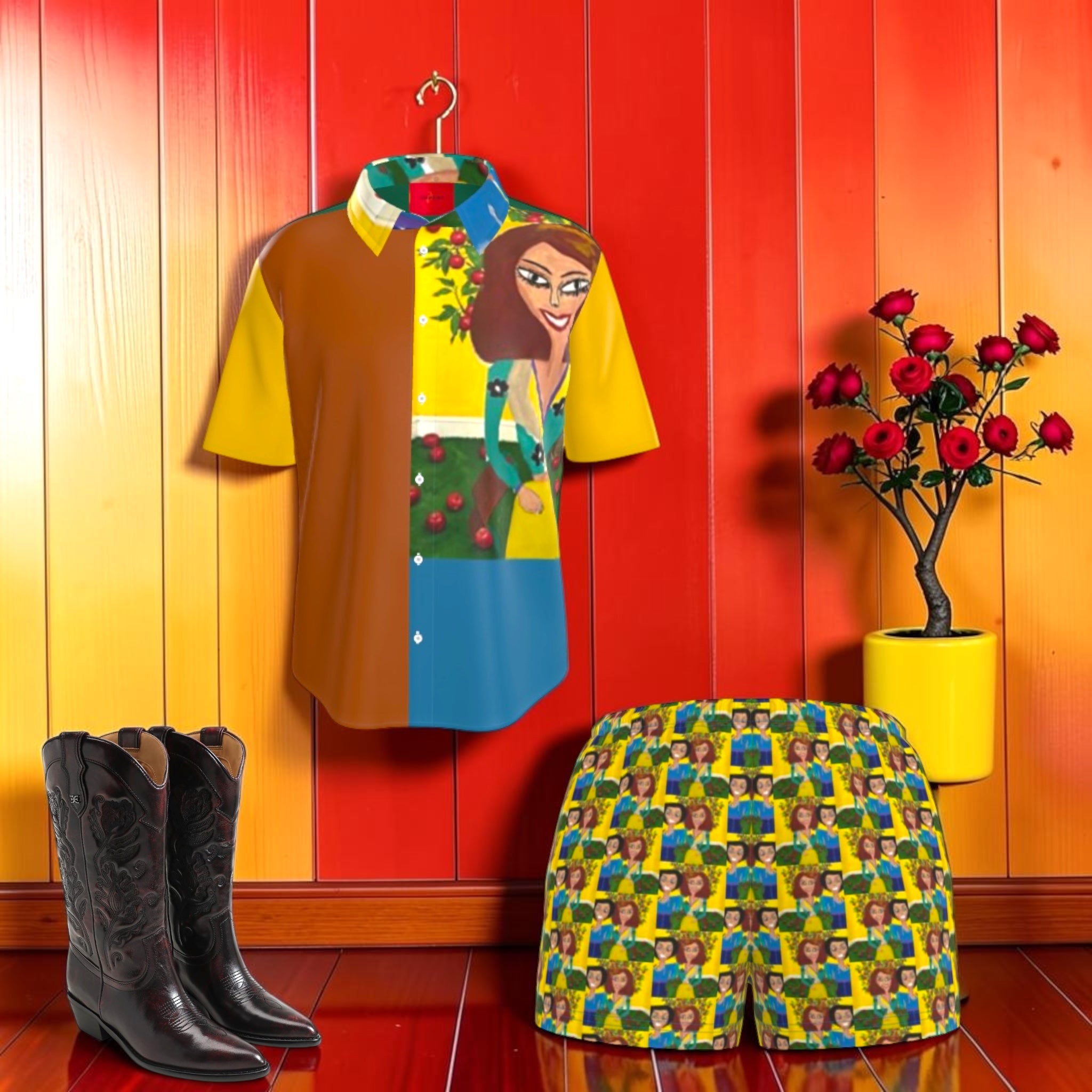 Vol II Eden Bloom Shirt styled — paired with Doll Wall print shorts and black cowboy boots