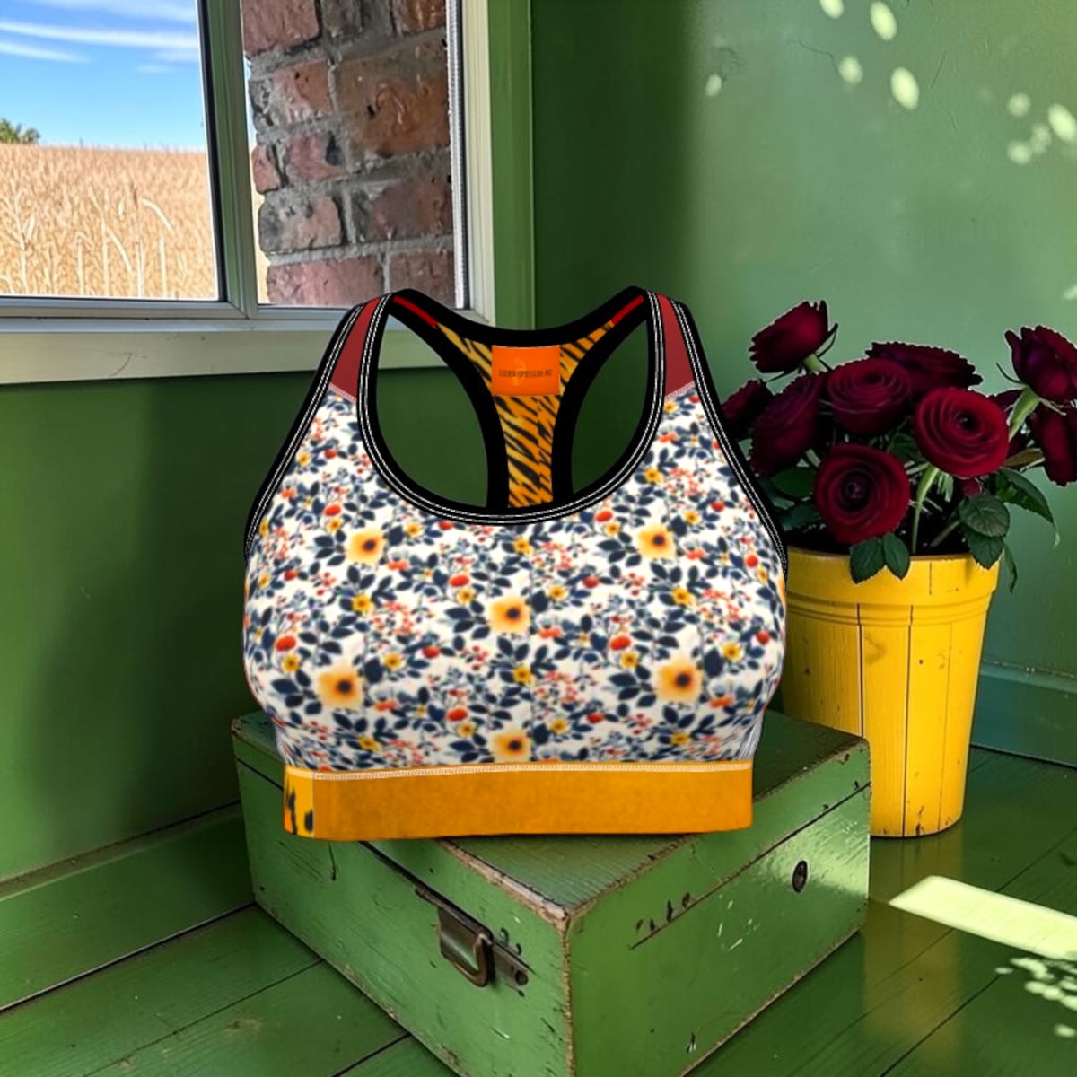 Riot Bloom Racerback Bra front with ditsy floral print, tiger-stripe racerback peek and golden leopard waistband