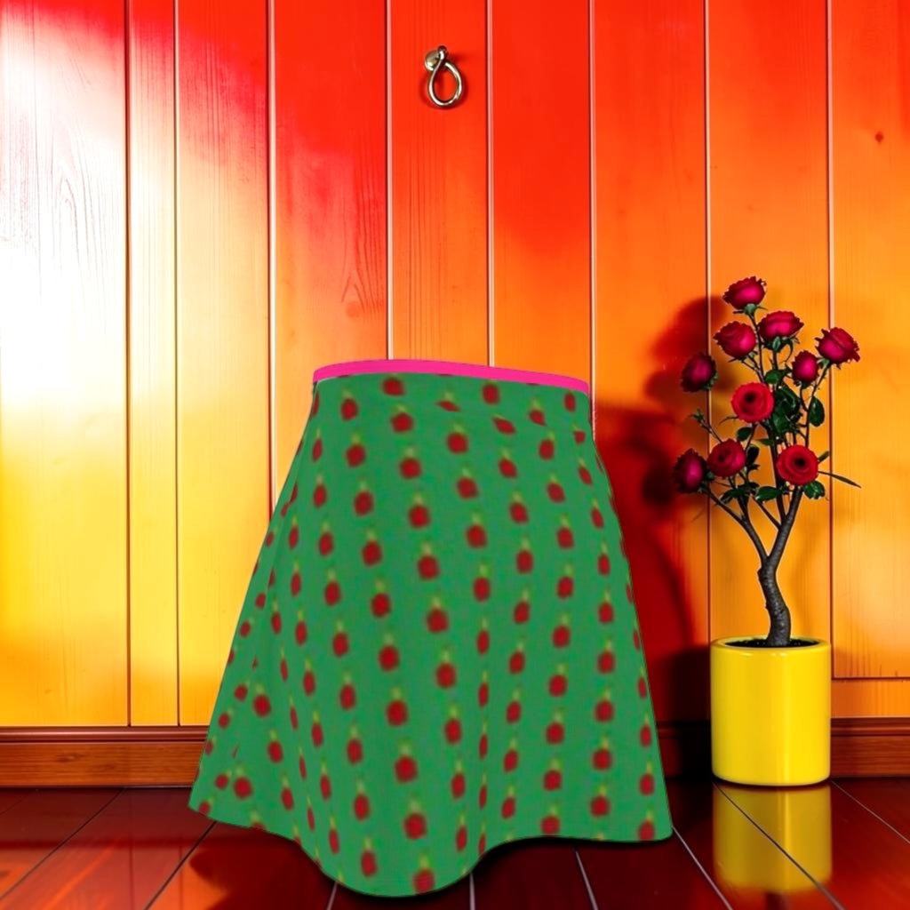 Bella Mini Flare Skirt — emerald green with crimson dot print, full flare view, Vol II The Eden Edit